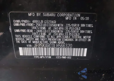 2020 Subaru Forester Sport из США, поврежденный, VIN JF2SKARC0LH566320